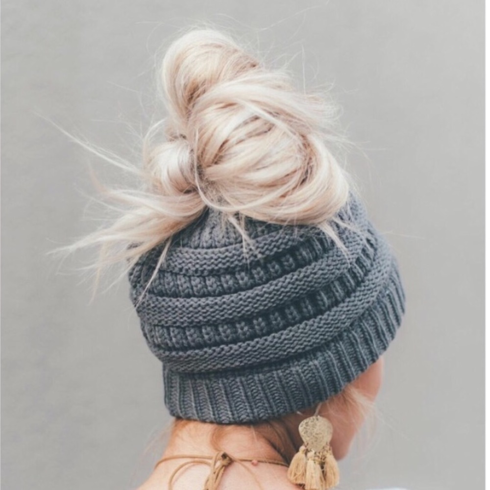 Solid Dark Melange Gray Messy-bun, C.C beanie